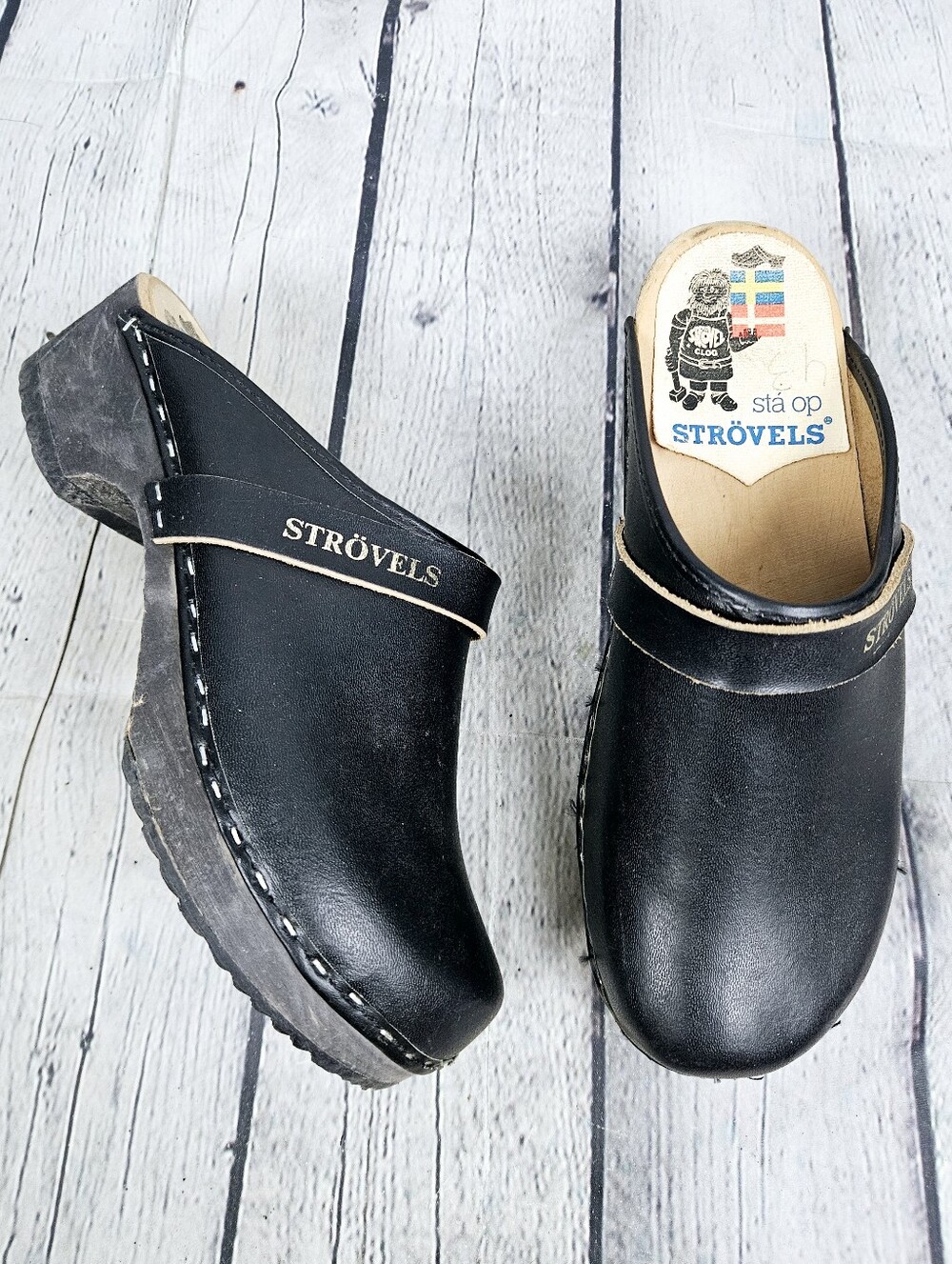 STRÖVELS | 501 leather contrasting stitch wooden sole open heel Swedish clog